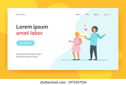 Boy in love pulling braid of hid girlfriend. Dating children, kids relationship. Flat vector illustration. Childhood, romance, friendship concept for banner, website design or landing web page