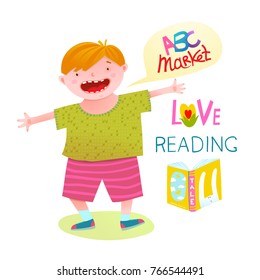 Boy Love Reading Happy Cartoon. Brightly colored vivid cartoon for kids of a boy with book. Vector illustration. 