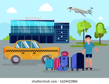 Boy with luggage stands next to taxi yellow car in front of airport building facade vector illustration. Transportation and travel. Happy guy with suitcases on vacation trip by airplane.
