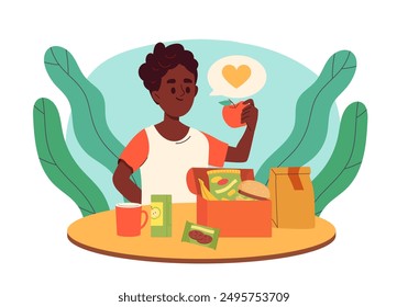 Junge mit Lunchbox. Kind mit Apfel, Banane, Hamburger und Schokoladenkeks. Schüler mit Essen. Schuljunge mit Saft und Snacks. Flache Vektorillustration isoliert auf weißem Hintergrund