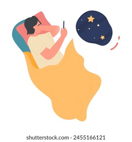 Boy lying in bed with phone in hand, insomnia due to social media addiction vector illustration