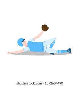 Boy lying to catch ball with baseball glove vector illustration
