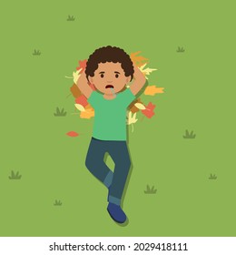 Boy lying down on the lawn illustration. Flat vector illustration isolated on background