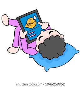 a boy is lying down while ordering food from an online tablet device, vector illustration art. doodle icon image kawaii.