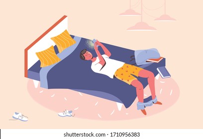 Boy lying on a bed partly undressed with smartphone chatting, gaming, procrastinating in social networks. Mobile phone dependence.