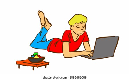 Boy Lying On Floor Front Computer Stock Vector (Royalty Free ...