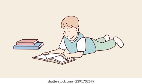  niño tendido en el suelo en casa en el día leyendo un libro. Ilustraciones de diseño vectorial de estilo dibujado a mano.