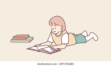  boy lying on the floor at home in day reading a book. Hand drawn style vector design illustrations.