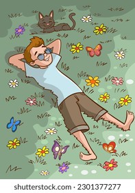 boy lying on the grass with flowers and butterflies, vector cartoon illustration