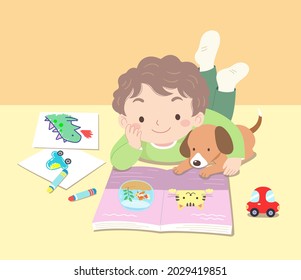 The boy is lying on the ground reading a book with a puppy in his arms. There are books, drawing paper, colored pens and a toy car next to him