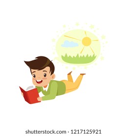 Boy lying on his stomach and reading a book, kids imagination concept vector Illustration on a white background