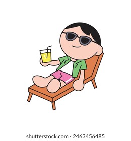 A boy is lying on a sun bed and holding a drink. He is enjoying his trip. Cartoon style character illustration. 