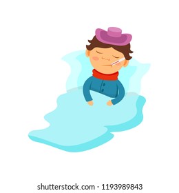 Boy lying under the blanket with ice pack on his head and thermometer in his mouth, kid caught a flu vector Illustration on a white background