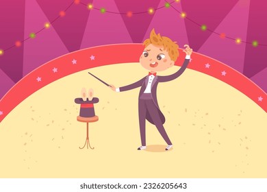 Boy magician and magic circus show vector illustration. Cartoon child wizard illusionist conjuring tricks with rabbit bunny in hat cylinder, holding wand in hand to conjure on circus stage.