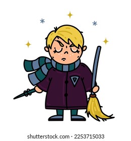 Boy magician vector icon. A wizard student in a gray-green scarf holds a magic wand and a flying broom in his hands. Evil blond sorcerer in a robe. Cartoon clipart isolated on white. For cards, prints