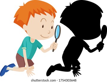 Boy With Magnifying Glass In Color And Silhouette Illustration