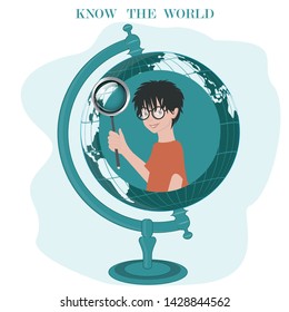 Boy with a magnifying glass - Globe - isolated on white background - vector. Motivation. Know the world. Back to school. Geography. Want to know everything.