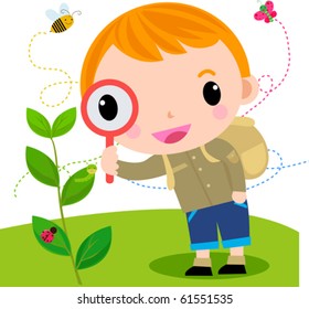 boy  with magnifying glass with lady bugs over