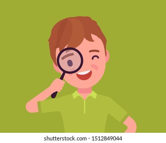 Boy with magnifying glass. Schoolboy looking through hand lens, searching focus, data or information, scientific research, safe kids internet browsing and study. Vector flat style cartoon illustration