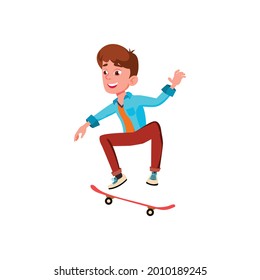 chico hace truco en el vector de dibujos animados de skateboard. chico hace el truco con el personaje de patineta. ilustración de dibujos animados planos aislados