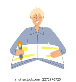 The boy makes notes in a notebook with a marker Study concept vector illustration