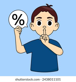 The boy makes a quiet gesture demanding silence and holds up a white cloud of black interest. Discount