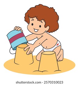 Boy makes sand cakes beach summer. Illustration concept template for website, web landing page, banner, presentation, social, poster, promotion or print media.