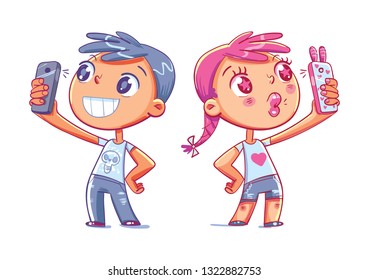 Boy makes selfie. Girl takes a selfie on her phone. Duckface Selfie Girl Cartoon. Funny cartoon character. Vector illustration. Isolated on white background