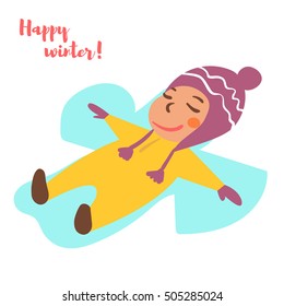 Boy makes a snow angel. Vector illustration. Cartoon character. Isolated on white background. Flat