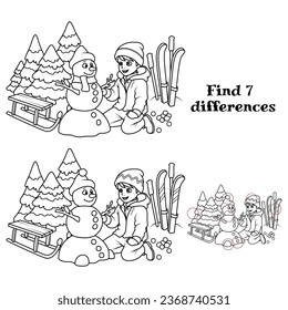 A boy makes a snowman. Find 7 differences. Tasks for children. vector illustration