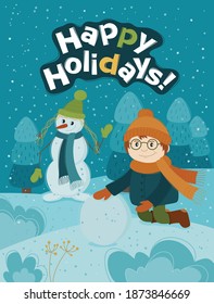 Boy makes a snowman. New year banner for your design. Vector Christmas and new year card. 
