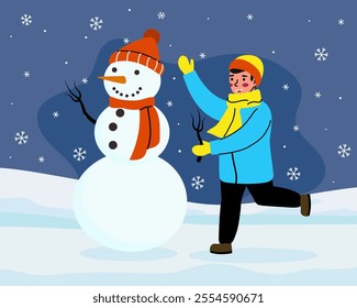 boy makes a snowman on the street. Winter games in the fresh air. Vector illustration.