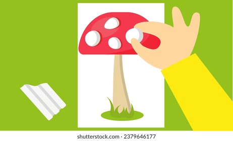 A boy is making an applique of a mushroom. Vector illustration in flat style.