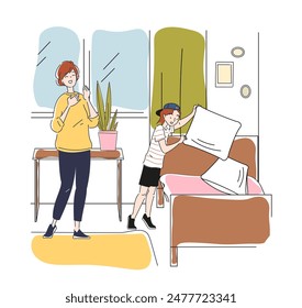 Boy making bed concept. Mother and son with household chores. Preschooler preparing bedroom for sleep. Young guy with housework tasks. Linear vector illustration isolated on white background