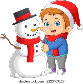 The boy is making the big snowman and playing with the snowball of illustration