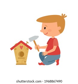 Boy making birdhouse. Cute kid carpenter hammering nail. Children occupation, activity in spring, woodwork, handwork. Cartoon child, flat vector illustration isolated on white