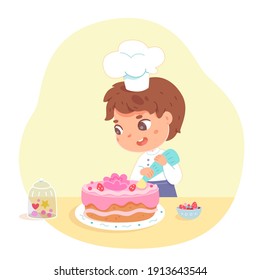 Boy making cake at home. Little kid in hat and apron decorating cake with pink icing and cream vector illustration. Young happy chef preparing sweet food in kitchen.