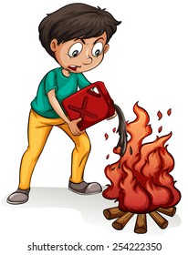 A boy making a campfire on a white background