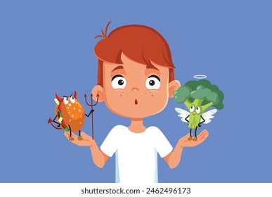 
Boy Making a Choice between Healthy and Unhealthy Food Vector. Funny kid feeling undecided about what to eat to stay healthy
