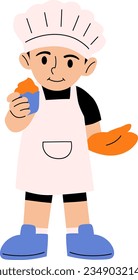 Boy Making a Cupcakes Kitchen Chef Character Hobbies Vector Illustration