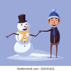 Boy making cute snowman. Cartoon vector illustration. Vintage style. Friends