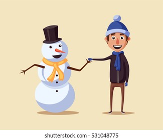 Boy making cute snowman. Cartoon vector illustration. Vintage style. Friends