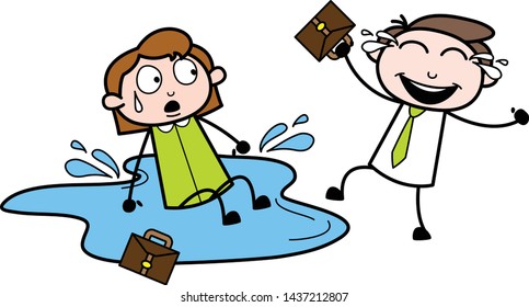 Boy Making Fun with a Girl After Pushed Her in Water - Office Businessman Employee Cartoon Vector Illustration