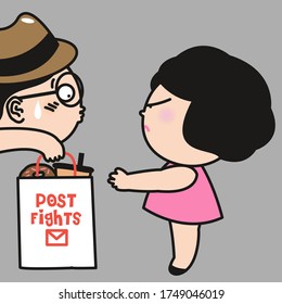 Boy Making Up With His Lover Girl By Giving Her A Gift After Their Huge Fight. Couple In Quarrel Concept Card Character illustration