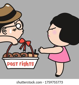 Boy Making Up With His Lover Girl By Giving Her A Gift Basket After Their Huge Fight. Couple In Quarrel Concept Card Character illustration