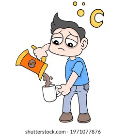 boy is making hot coffee at night while enduring sleepiness, vector illustration art. doodle icon image kawaii.