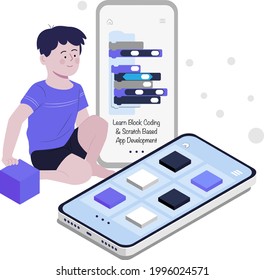 boy making mobile app using block coding flat design illustration, scratch, online coding, coding for kids, kid assembling scratch code, learn coding using scratch, game development, app development
