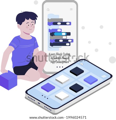 boy making mobile app using block coding flat design illustration, scratch, online coding, coding for kids, kid assembling scratch code, learn coding using scratch, game development, app development
