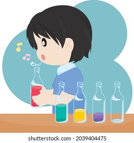 Boy Making Music By Blowing On Glass Bottle