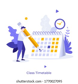 Boy making notes in calendar or planner. Concept of class timetable, education plan, effective study time management, scheduling, productivity at school. Modern flat vector illustration for banner.